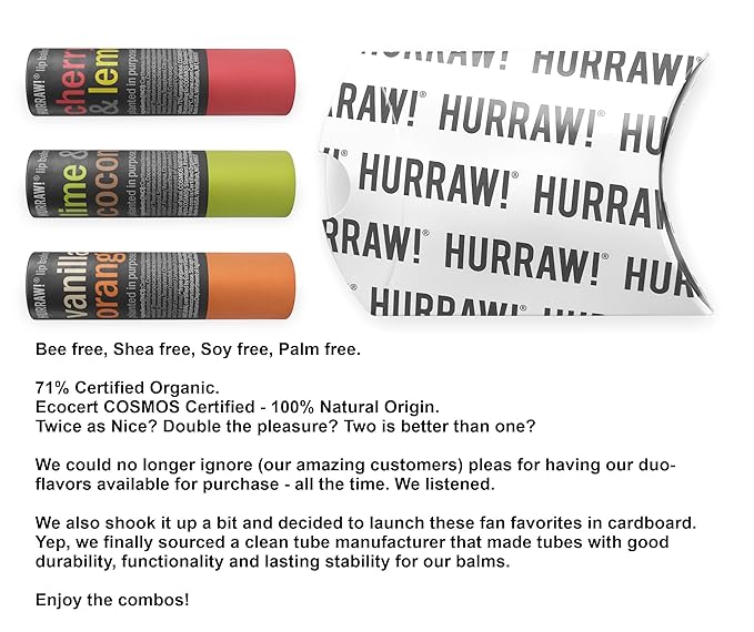 Hurraw! Cherry Lemon, Lime Coconut, and Vanilla Orange Lip Balm 3 Pack Bundle: Plastic-Free with new cardboard push-up tube. Certified Organic, Natural & Vegan. Bee, Shea, Soy & Palm Free. Made in USA-Velvo Beauty