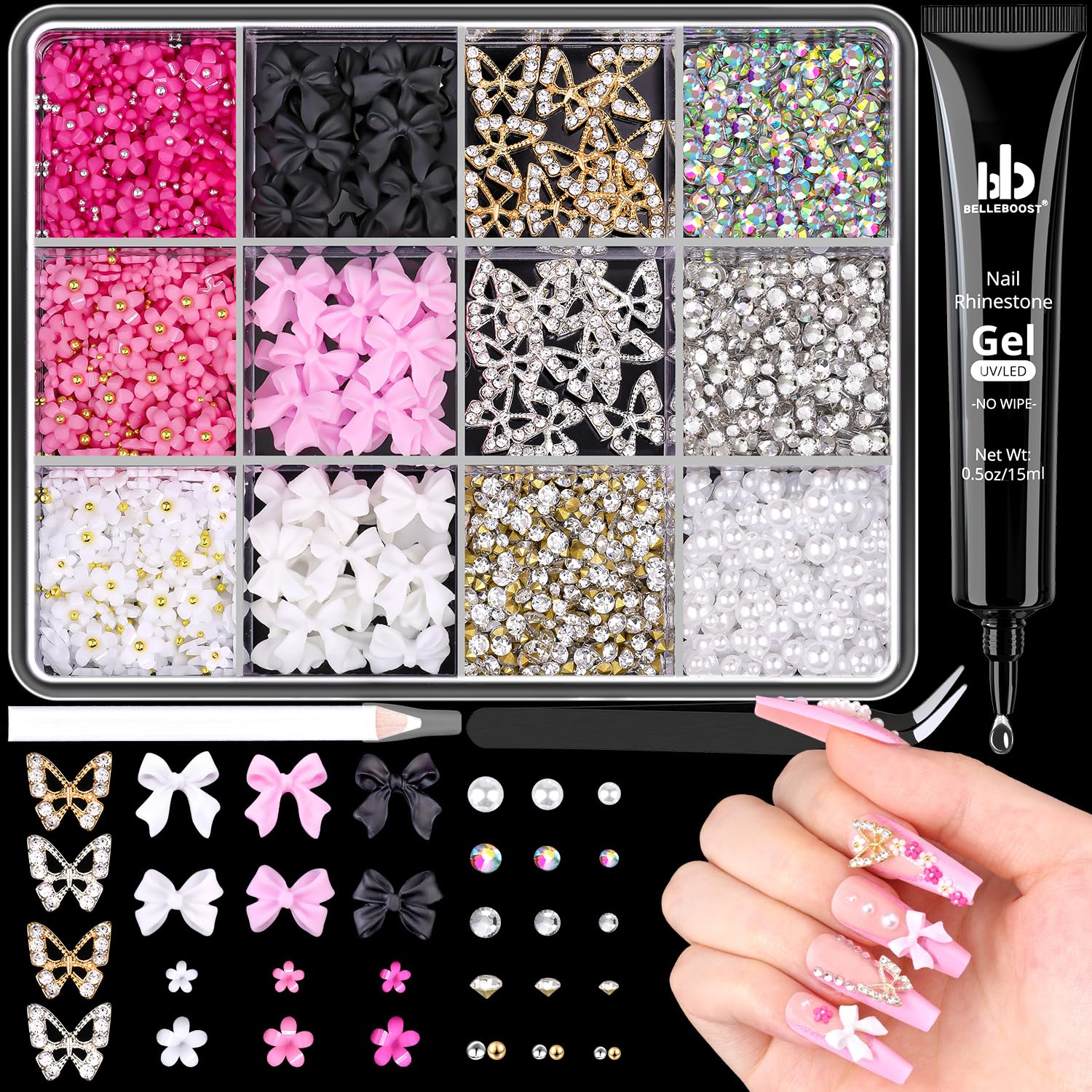 3D Nail Charms and Gems Set 10 with Rhinestone Glue, 20PCS Chunky Butterfly Charms + 60PCS Nail Bows in 2 Styles + 3D Flowers with Crystals, Pearls, Diamonds, and Picker Tools for Y2K Nail Decor-Velvo Beauty