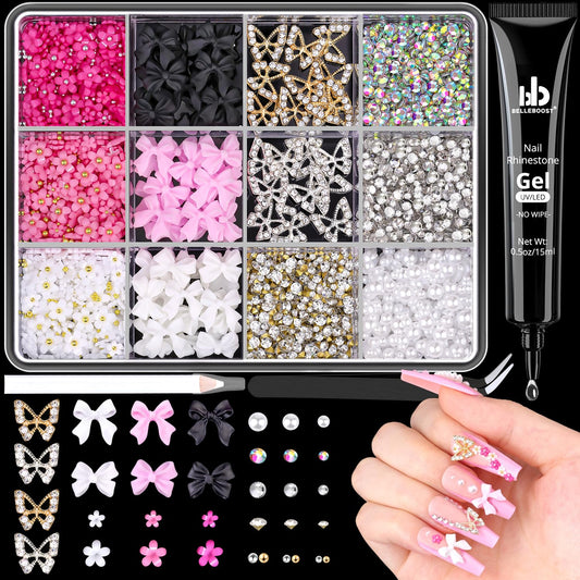 3D Nail Charms and Gems Set 10 with Rhinestone Glue, 20PCS Chunky Butterfly Charms + 60PCS Nail Bows in 2 Styles + 3D Flowers with Crystals, Pearls, Diamonds, and Picker Tools for Y2K Nail Decor-Velvo Beauty