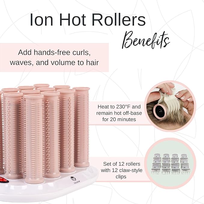 CALISTA Ion Hot Rollers for Long Hair | Hair Roller Clips Included | Heats to 230°F | Dual Voltage | Add Hands-Free Curls, Waves, and Volume (Pink, Long - 12)-Velvo Beauty