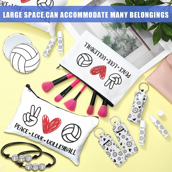 72 Pcs Sports Team Gifts Include 12 Makeup Bags 12 Lip Balm 12 Lip Balm Holder 12 Necklace 12 Adjustable Bracelet 12 Mirrors for Sports Lovers Players Party Favors (White, Volleyball)-Velvo Beauty