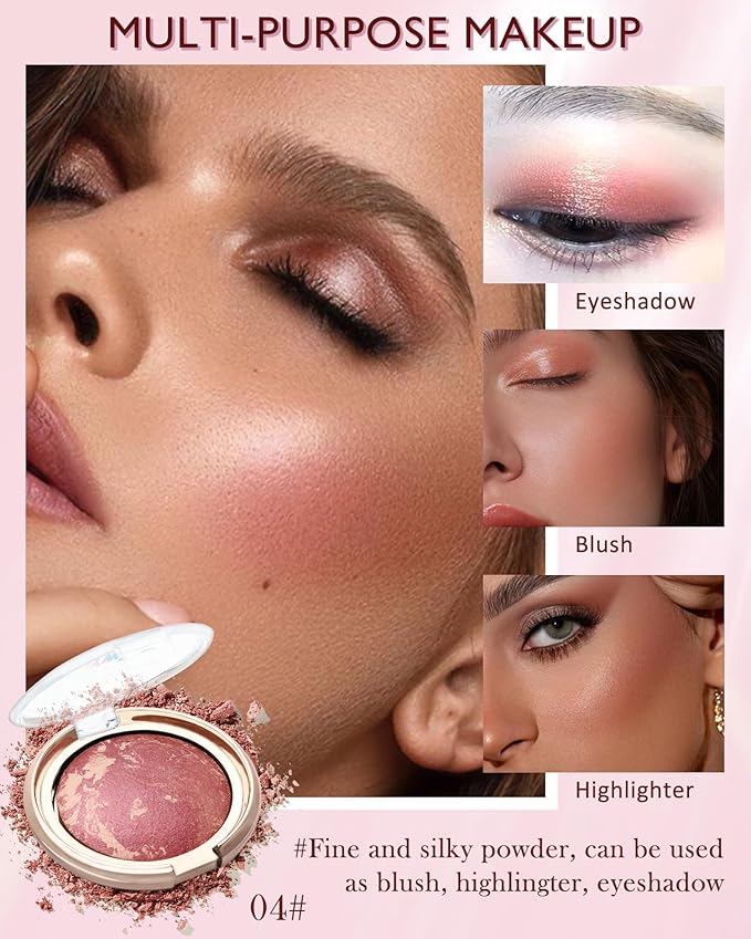 Baked Powder Blush, Glow Marbleized Blush Powder Palette,Lightweight Shimmery Cruelty-Free face Blush for Cheeks,Eyeshadow & Highlight,Makeup Gift for Women rubores de maquillaje(0.49Ounce)-04-Velvo Beauty