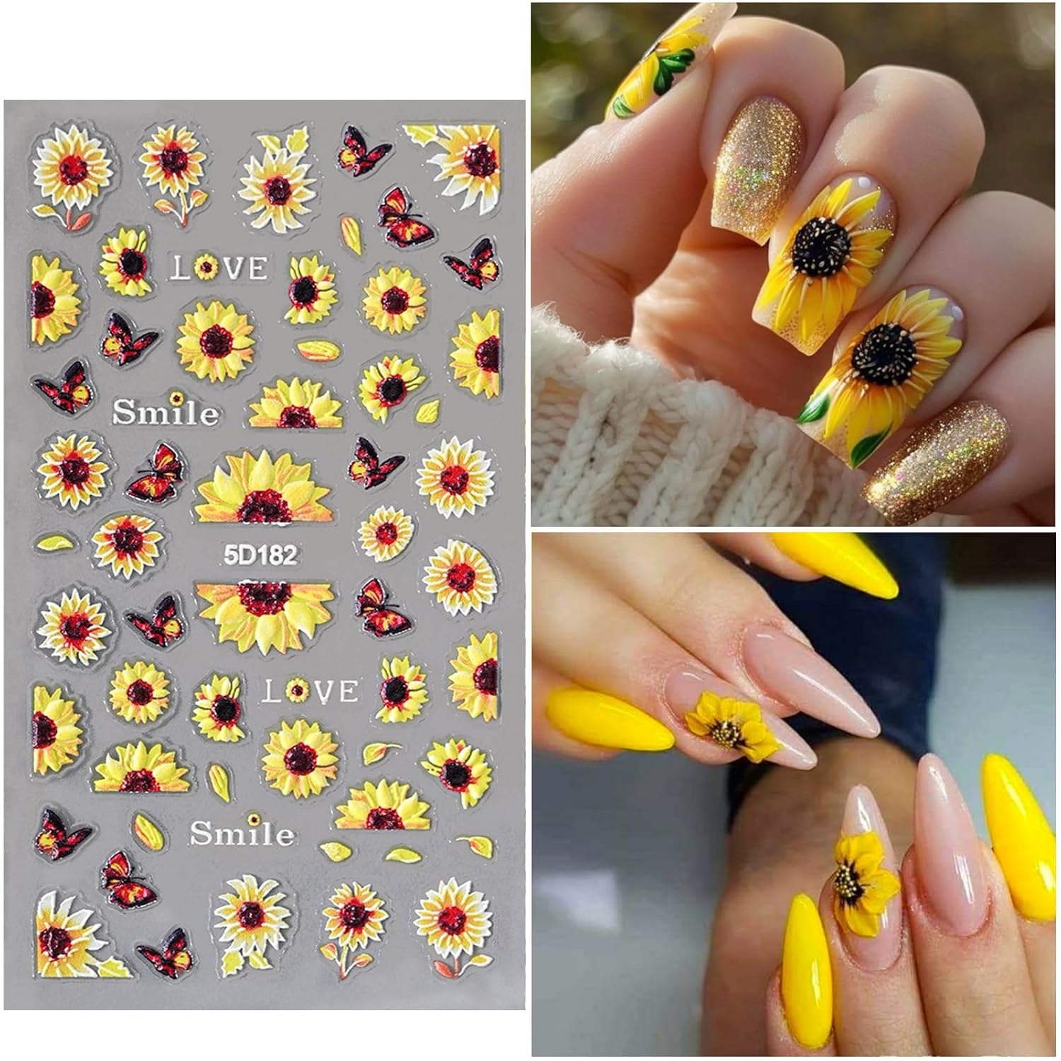 4 Sheets 5D Flower Nail Art Stickers Embossed Nail Decals Autumn Nails Art Design 3D Self-Adhesive Sunflowers Yellow Flower Nails Stickers for Women DIY Decoration-Velvo Beauty