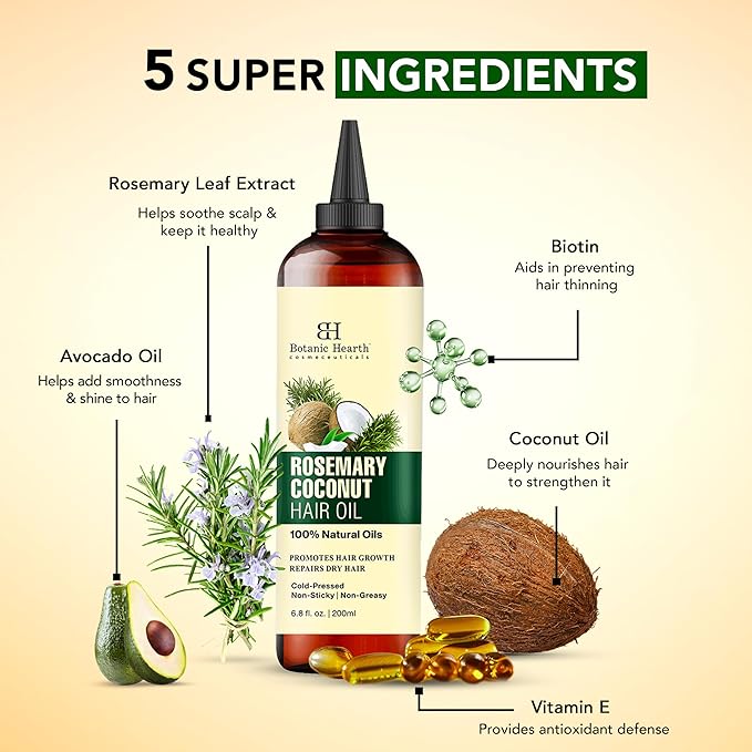Botanic Hearth Rosemary, Coconut & Avocado Oil For Hair Growth (6.7 fl oz) Infused with Rosemary, Coconut, Biotin|Hair Oil Repairs Damaged Hair, Strengthening, Healthier Hair, Moisturizing- Hair Tonic-Velvo Beauty