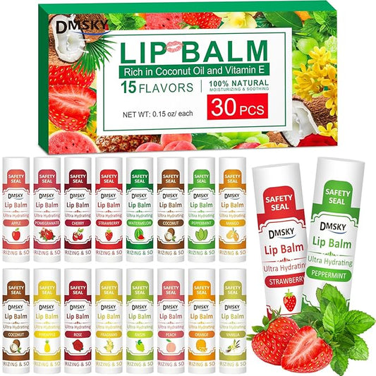 DMSKY 30 Pack Lip Balm, Natural Lip Balm Bulk with Vitamin E and Coconut Oil, Moisturizing Soothing Chapped Lips-15 Flavors-Velvo Beauty