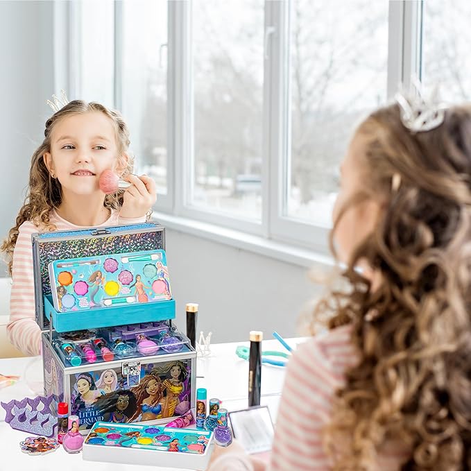 Little Mermaid Train Case Beauty Set, Kids Makeup Kit for Girls, Real Washable Toy Makeup Set, Play Makeup, Pretend Play, Party Favor, Birthday, Toys Ages 3 4 5 6 7 8 9 10 11 12-Velvo Beauty
