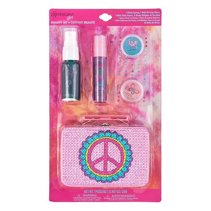 Expressions 6pc Peace & Rhinestones Beauty Set w/Tin Box Storage Case - Body Spray, Body Glitter, Mini Body Gems, and Lip Gloss Set,Washable + Non Toxic-Velvo Beauty