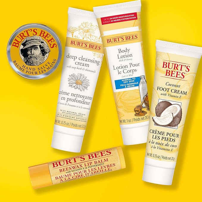 Burt's Bees Back to School Gifts Ideas, 5 Body Care College Dorm Products, Everyday Essentials Set - Original Beeswax Lip Balm, Deep Cleansing Cream, Hand Salve, Body Lotion & Foot Cream, Travel Size-Velvo Beauty
