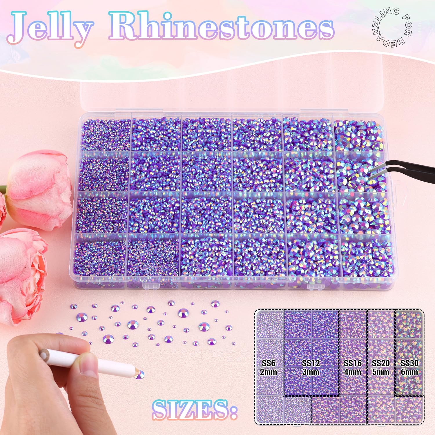 25000Pcs Resin Jelly Rhinestones with Tweezers for Crafting, 2-6mm Mixed Sizes (Dark Purple AB) Non Hotfix Flatback Gems, Bedazzling Crystal for DIY Crafts Clothing Tumblers Mugs Shoes Decor Nail Art-Velvo Beauty