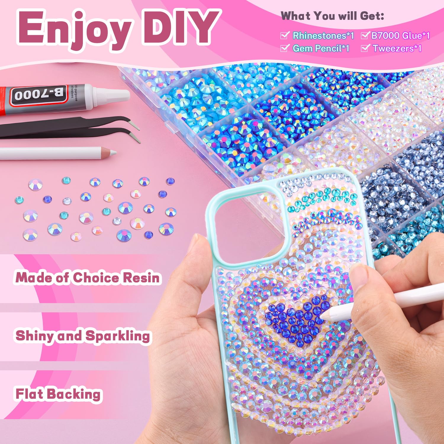 20000Pcs Blue Rhinestones for Bedazzling with 1Pcs B7000 Jewelry Glue, Resin Rhinestones for Crafting Crafts DIY, Bedazzler Kit Gems for Clothing Shoes Tumblers Nail Art Assorted Size 3/4/5/6mm-Velvo Beauty