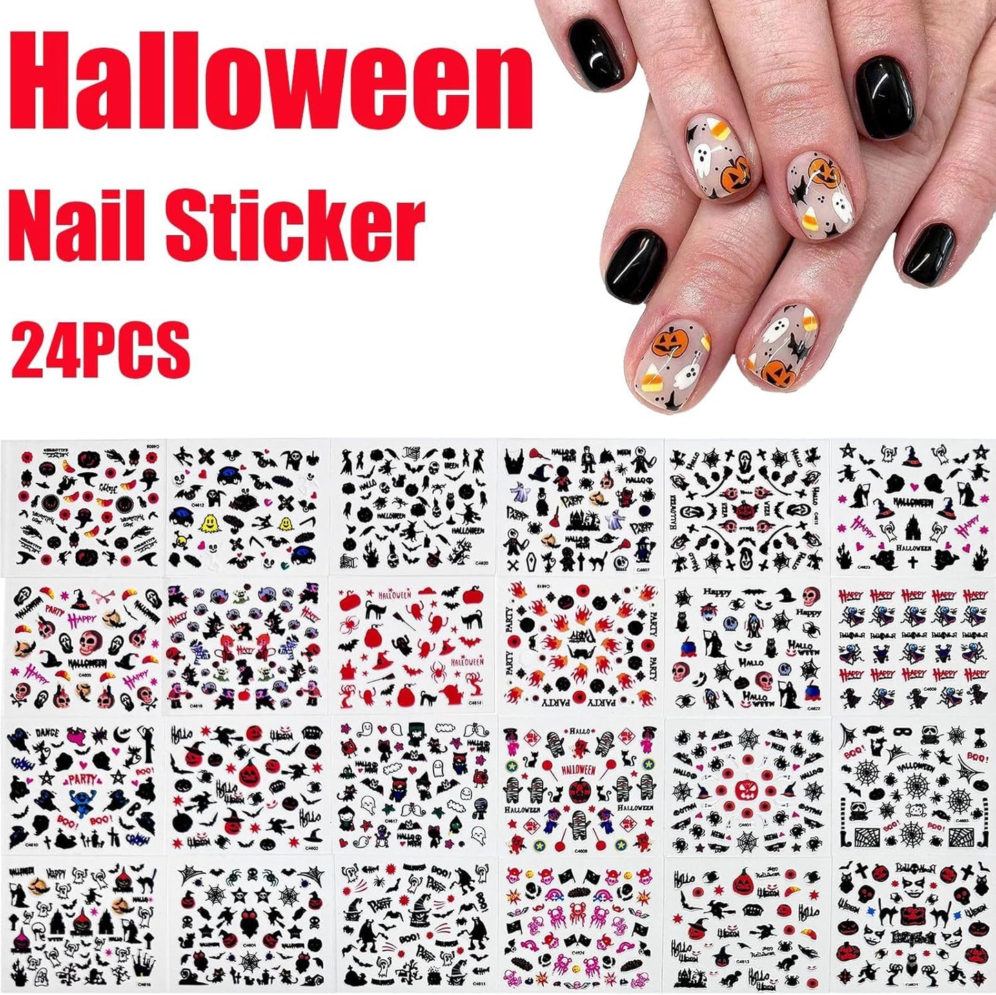 30 Sheets Halloween Nail Stickers Pumpkin Ghost Face Nail Charms Decals 3D Self Adhesive Spider Web Cat Bat Manicure Art Sticker for Acrylic Nails DIY Decorations-Velvo Beauty