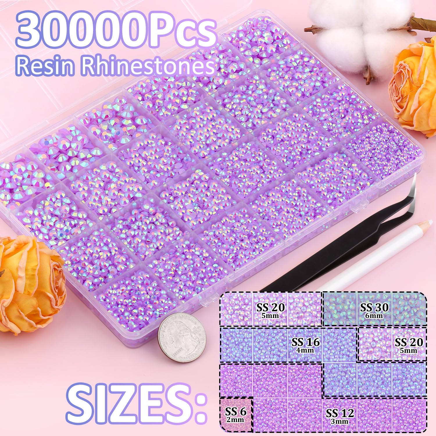 30000Pcs Lavender Purple AB Rhinestones for Bedazzling with B7000 Jewelry Glue, Bedazzler Kit Flatback Gems, Resin Rhinestones for Crafting Crafts Clothing Shoes Nail Art Assorted Size 2/3/4/5/6mm-Velvo Beauty