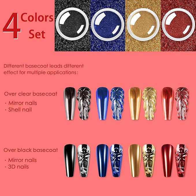 Allstarry Chrome Nail Powder 4 Colors Metallic Mirror Effect Powder Manicure Chrome Pigment Magic Glitter Dust Kit for Gel Polish Nail Art Decoration with 4 Sponge Sticks - Ruby Sapphire Series-Velvo Beauty