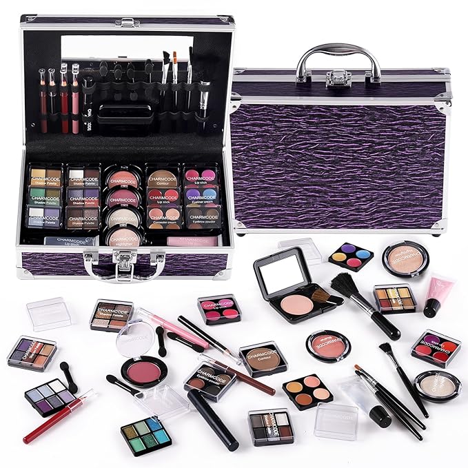 Makeup Kit for Teen Girls & Women Full Kit, Beauty Train Case with Starter Cosmetic Set, Make Up Valentine's Day Gift Box with Eyeshadow,Lipgloss,Highlighter,Blush,Lip&Eye Pencils,Brush & More(Purple)-Velvo Beauty
