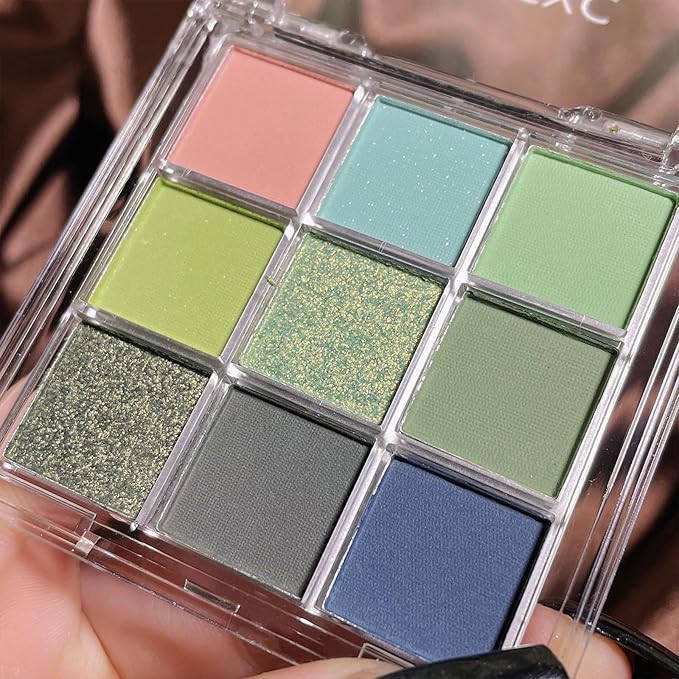 Erinde 9 Colors Eyeshadow Palette, Matte Shimmer Glitter Eye Shadow Palette Makeup, Highly Pigmented Long Lasting Waterproof, Natural Neutral Nude Eyeshadow Make Up Pallet, Blue Green-Velvo Beauty