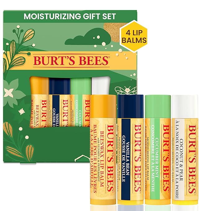 Burt's Bees Holiday Gift, 4 Lip Balms Stocking Stuffer, Assorted Mix Set, Classic Beeswax, Vanilla, Cucumber Mint & Coconut And Pear-Velvo Beauty