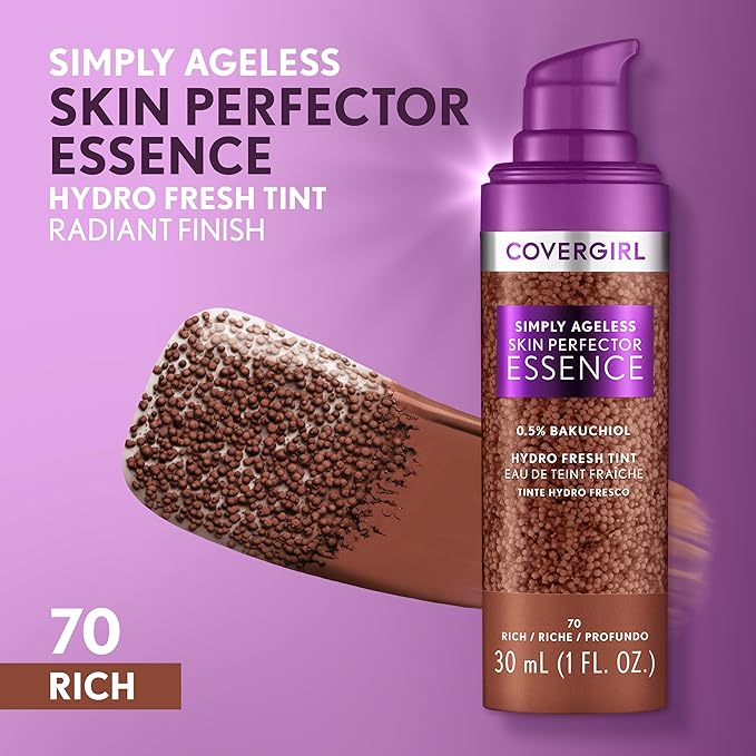 Covergirl Simply Ageless Skin Perfector Essence Foundation, 70 Rich, Tinted Skin Perfector, Skincare Makeup Hybrid, Sheer Tint, Radiant Finish, Skin-Like Finish, Vegan Formula, 1.0oz-Velvo Beauty