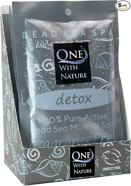 One With Nature 100% Pure Dead Sea Salt for Bath Fragrance Free, 2.5oz 6Pack. High in 21 Essential Minerals, Such as Magnesium, Sulfur, Zinc, Potassium. Skin Nourishing and Therapeutic.-Velvo Beauty