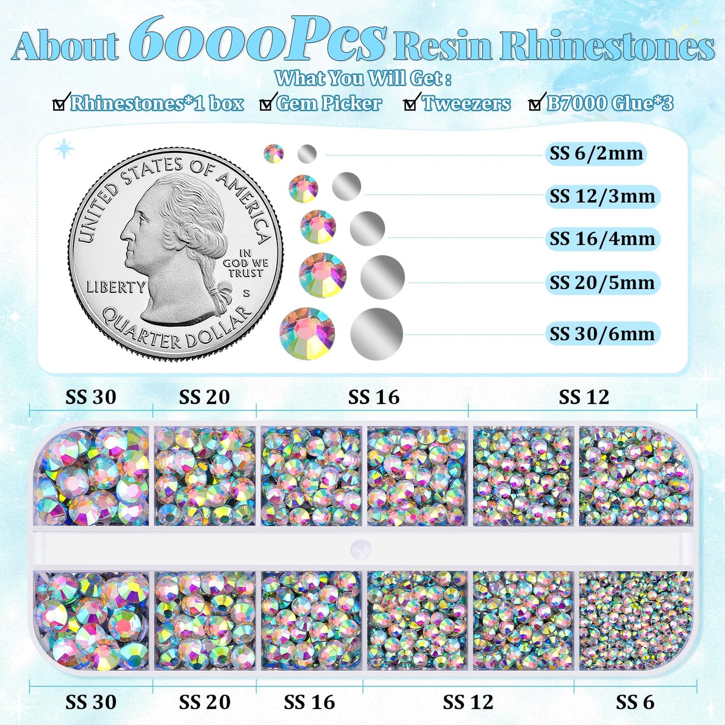 6000Pcs Resin Rhinestones for Bedazzling with 3Pcs B7000 Jewelry Glue, 1 Box AB Flatback Rhinestones for Crafting Crafts DIY, Crystals Gems for Clothing Shoes Tumblers Nail Art Makeup-Velvo Beauty
