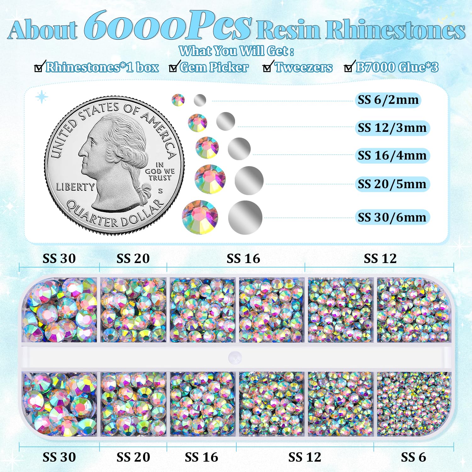 6000Pcs Resin Rhinestones for Bedazzling with 3Pcs B7000 Jewelry Glue, 1 Box AB Flatback Rhinestones for Crafting Crafts DIY, Crystals Gems for Clothing Shoes Tumblers Nail Art Makeup-Velvo Beauty
