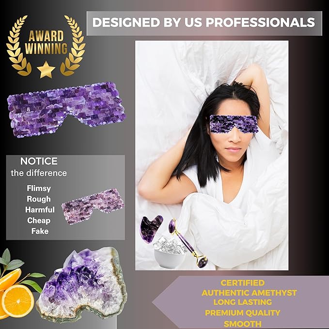100% Authentic Amethyst Mother's day Gift Set Amethyst Eye Mask Amethyst Jade Roller & Gua Sha Set Facial Mask Instant Puffiness promote relaxation and relief stress.-Velvo Beauty