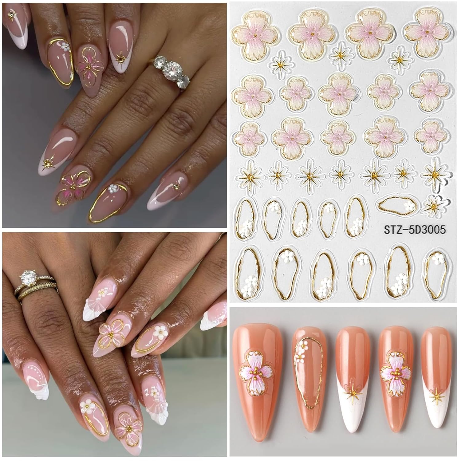 Flower Nail Art Stickers 5D Embossed Nail Decals Spring Summer Colorful Flower Nails Design Self-Adhesive 3D Accessories for Women Nails DIY Decoration(6 Sheets)-Velvo Beauty