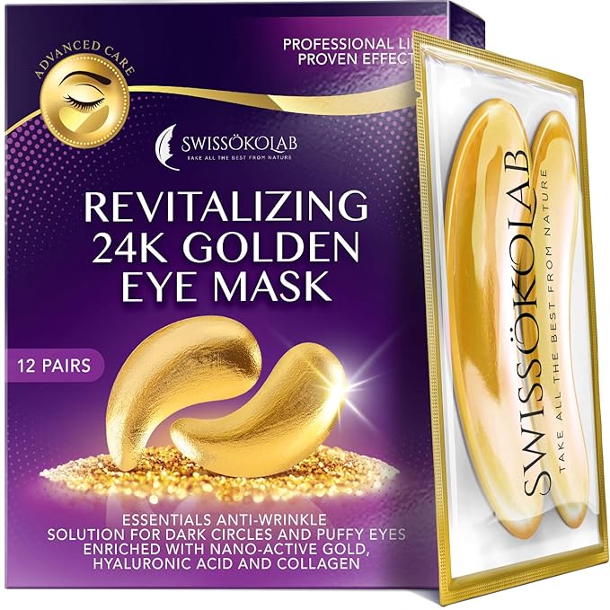 SWISSÖKOLAB Under Eye Patches For Puffy Eyes 24k Gold Eye Mask Dark Circles And Puffiness Collagen Eye Gel Pads Moisturizing & Reducing Wrinkles Anti-Aging Hyaluronic Acid (Revitalising)-Velvo Beauty