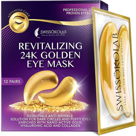SWISSÖKOLAB Under Eye Patches For Puffy Eyes 24k Gold Eye Mask Dark Circles And Puffiness Collagen Eye Gel Pads Moisturizing & Reducing Wrinkles Anti-Aging Hyaluronic Acid (Revitalising)-Velvo Beauty