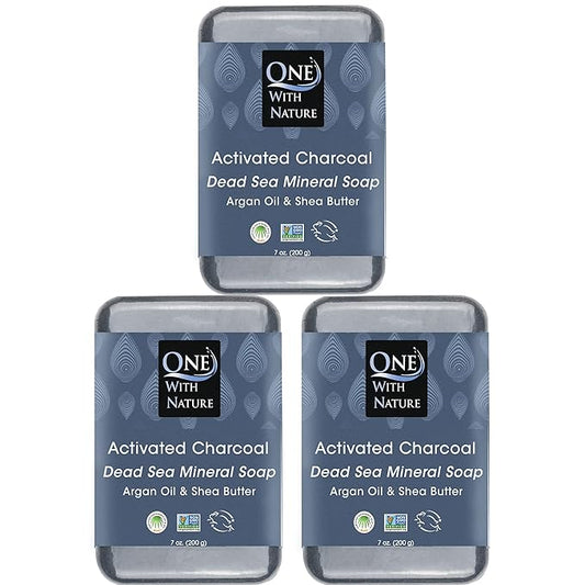 One With Nature Activated Charcoal Soap 7oz 3-Pack – Detoxifying and Exfoliating Charcoal Soap Bar with Dead Sea Salt for Face & Body, for Men & Women-Velvo Beauty