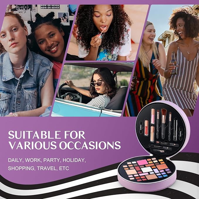 Color Nymph All In One Makeup Kit For Teens With Portable Cosmetics Bag, Multiple Makeups For Begginers As New Year,Birthday Gift Included 38-Colors Eyeshadows Lipglosses Brushes (Purple)-Velvo Beauty
