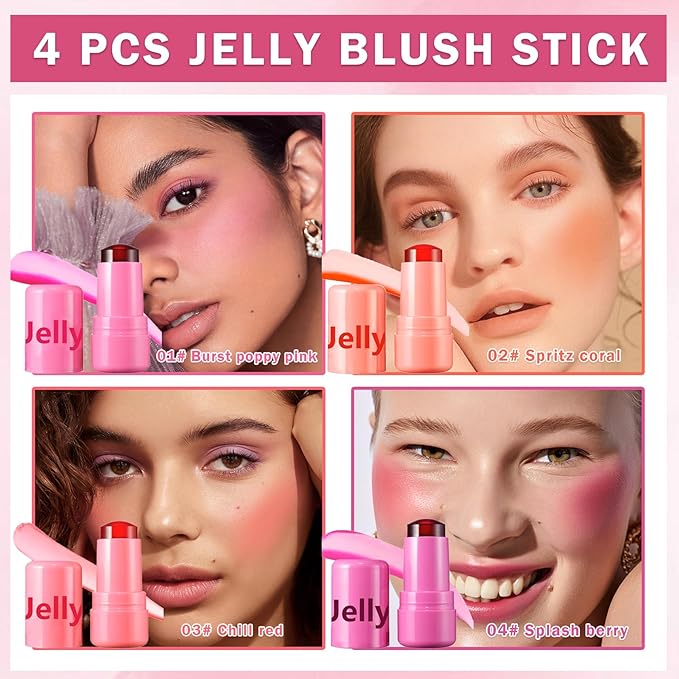 4PCS Cooling Water Jelly Tint Blush Stick for Cheeks,Multi-use Jelly Lip and Cheek Tint Stain,Moisturizing Natural Jelly Blush Stick,Buildable Watercolor Finish - Cruelty Free-Velvo Beauty