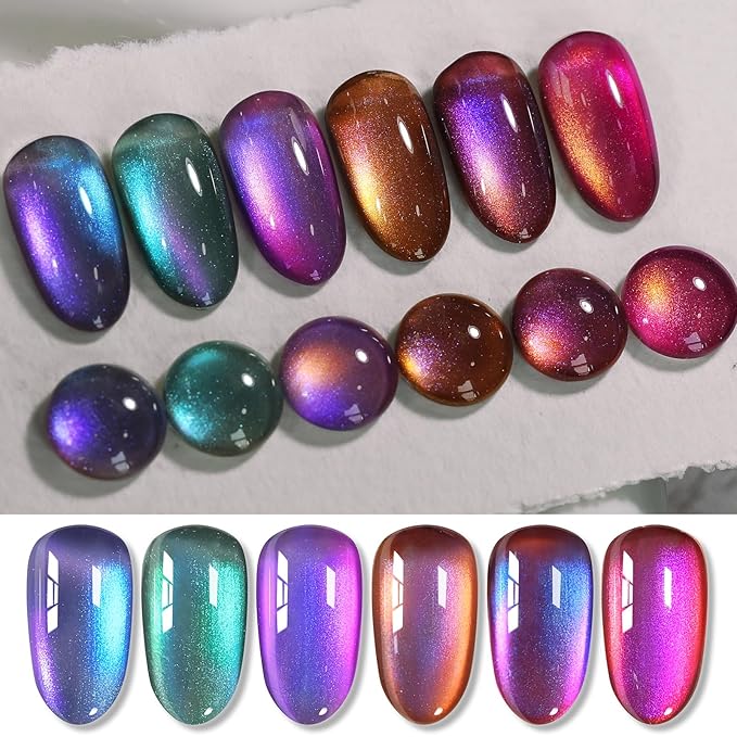 Born Pretty Magnetic Gel Nail Polish Set,Purple Blue Cat Magnetic Eye Gel Jelly Glass Crystal Magnetic Gel Polish Nail Art Manicure Kit 6PCS-Velvo Beauty