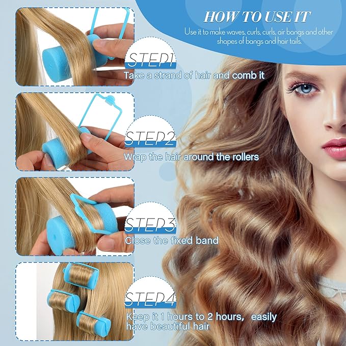 Geyoga 18 Pieces Sponge Hair Rollers Large Soft Foam Hair Styling Curlers Large Size Hairdressing Curlers for Women(1.4 x 2.6 Inches,Blue)-Velvo Beauty
