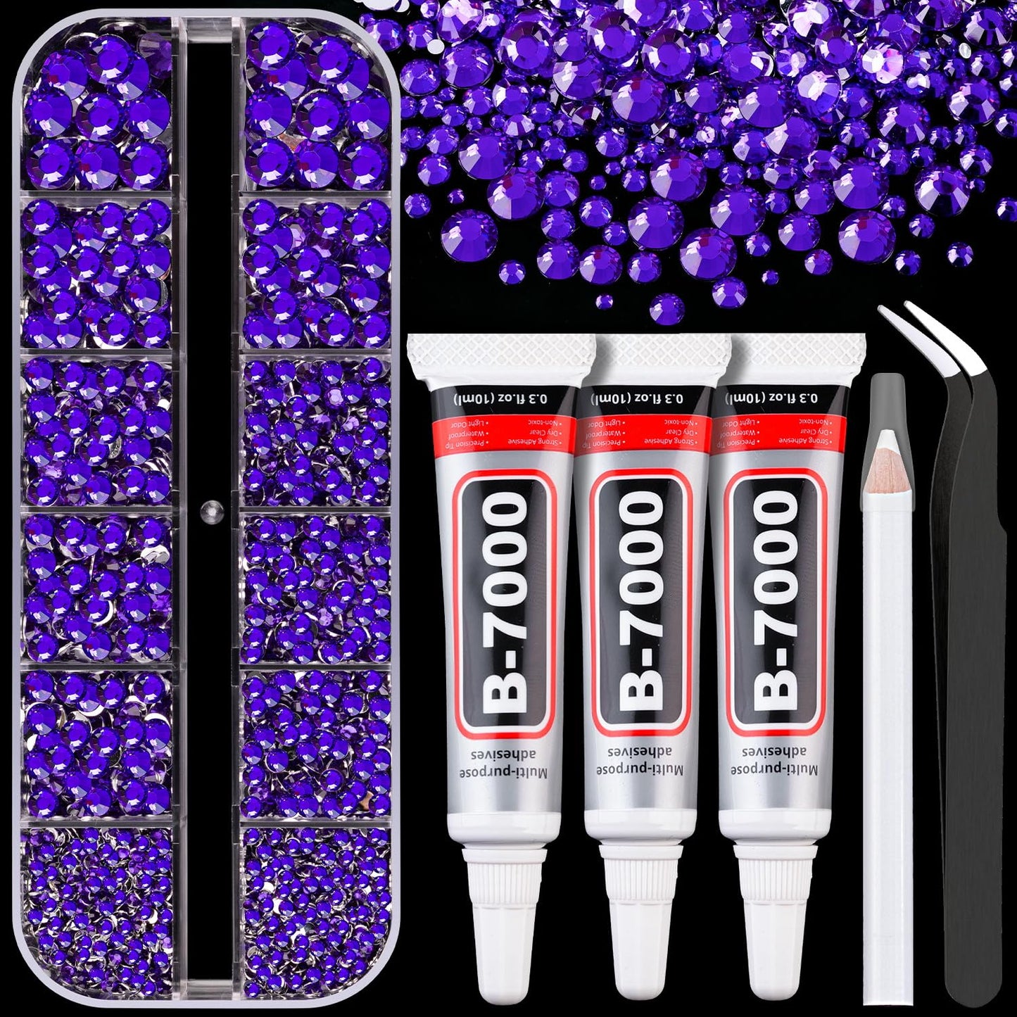 Resin Rhinestones for Crafting with B7000 Jewelry Glue, 1 Box Blue Purple Flatback Crystals with 3Pcs 10ml Glue for Bedazzling Crafts DIY Nail Art Makeup，Non Hotfix Gems for Clothing Shoes-Velvo Beauty