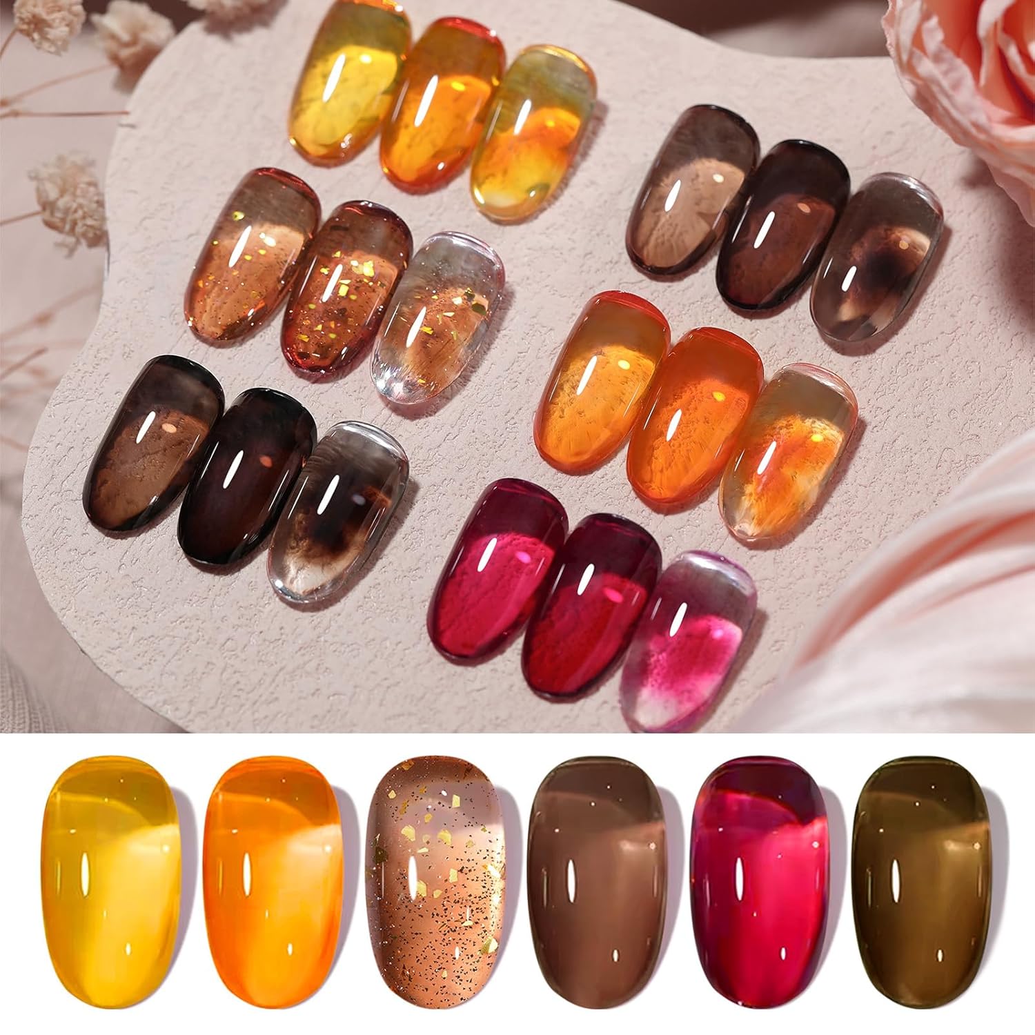 Born Pretty Jelly Gel Nail Polish 6 Colors Fall Winter Translucent Clear Pumpkin Burgundy Wine Red Coral Burnt Orange Grey Amber Brown Gel Polish Sheer Crystal Transparent Halloween Gel Polish Set-Velvo Beauty