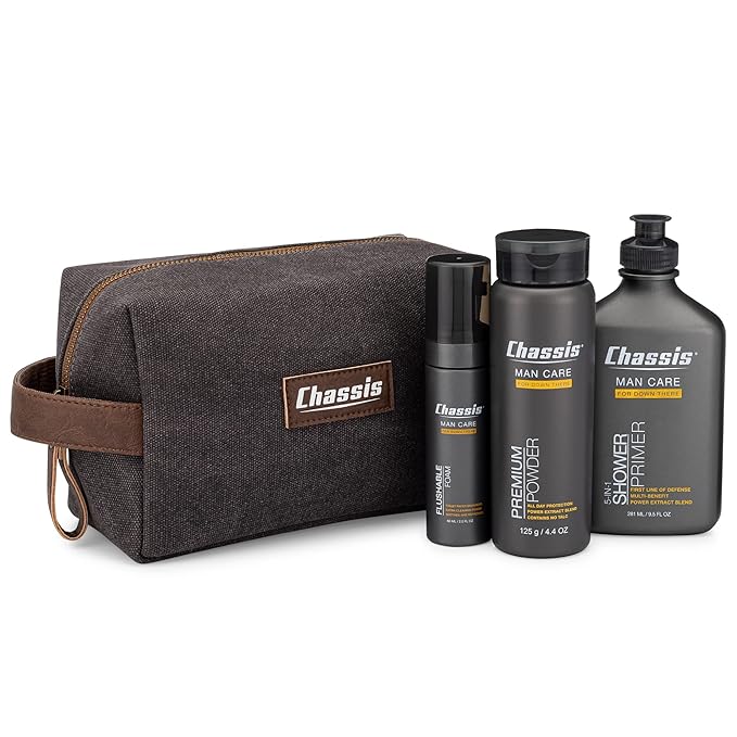 Chassis Gift Set with Flushable Foam, Premium Body Powder, and Shower Primer, Body Powder, Body Wash, and Flushable Wipe Alternative-Velvo Beauty