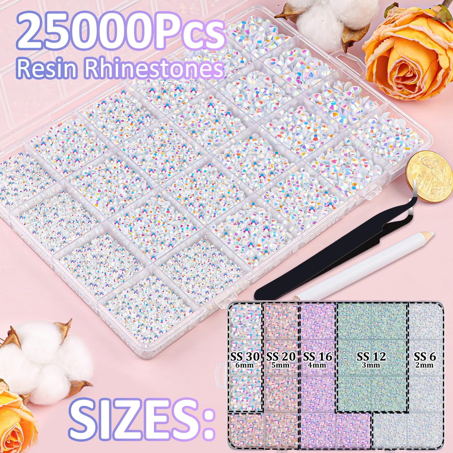 25000Pcs Resin Jelly Rhinestones for Crafting, White AB 2-6mm Mixed Sizes Non Hotfix Flatback Gems, Bedazzling Crystal for DIY Crafts Clothing Tumblers Mugs Shoes Fabric Nail Art-Velvo Beauty
