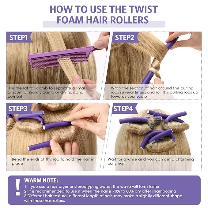 Syhood 30 Pcs 7'' Flexible Curling Rods Twist Foam Hair Rollers Soft Foam No Heat Hair Rods Rollers and 1 Steel Pintail Comb Rat Tail Comb for Women Long Short Hair(Purple,7 x 0.47 Inch)-Velvo Beauty