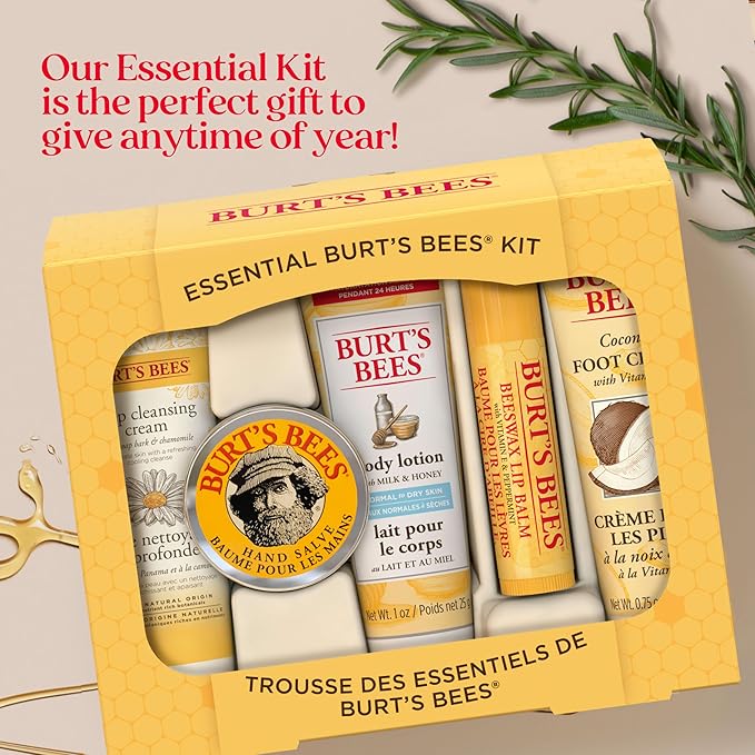 Burt's Bees Back to School Gifts Ideas, 5 Body Care College Dorm Products, Everyday Essentials Set - Original Beeswax Lip Balm, Deep Cleansing Cream, Hand Salve, Body Lotion & Foot Cream, Travel Size-Velvo Beauty