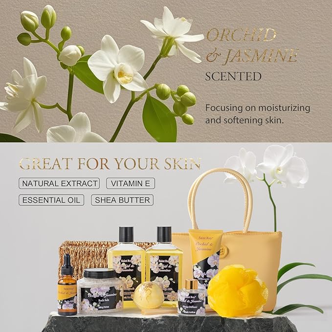 Mother's Day Gift for Mom Bath and Body Gift Basket Orchid & Jasmine Spa Gift Baskets for Women Fragrant Body Lotions, Bath Bomb, Home Spa Gift Basket Rich in Jojoba oil & Shea Butter, Bath Kit Sets-Velvo Beauty