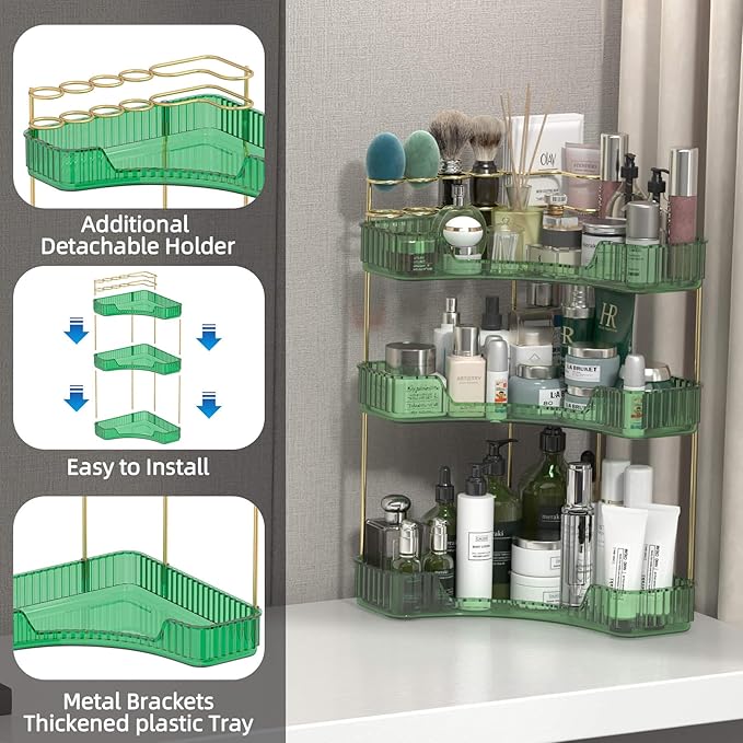 3 Tier Corner Bathroom Organizer Countertop, Vanity Makeup Organizer with Brush Holder, Space-Saving Skincare Storage Corner Shelf for Bathroom, Dressing Table, Kitchen-Velvo Beauty