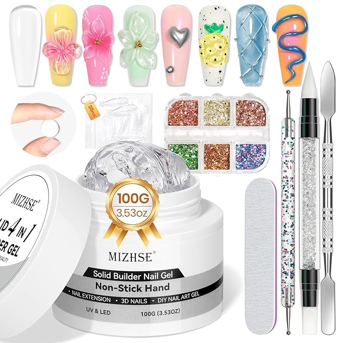 MIZHSE 100g Solid Builder Gel for Nails, Large Capacity Clear Hard Gel 3D Sculpting for Nail Art U V LED Builder Kit with 3D Silicone Pen, for Salon Home DIY-Velvo Beauty