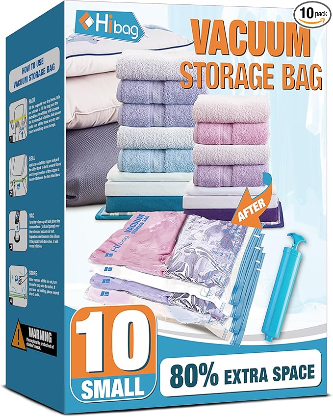 Vacuum Storage Bags, 10 Small Space Saver Vacuum Seal Bags, Space Bags, Vacuum Sealer Bags for Clothes with Travel Hand Pump (10S)-Velvo Beauty