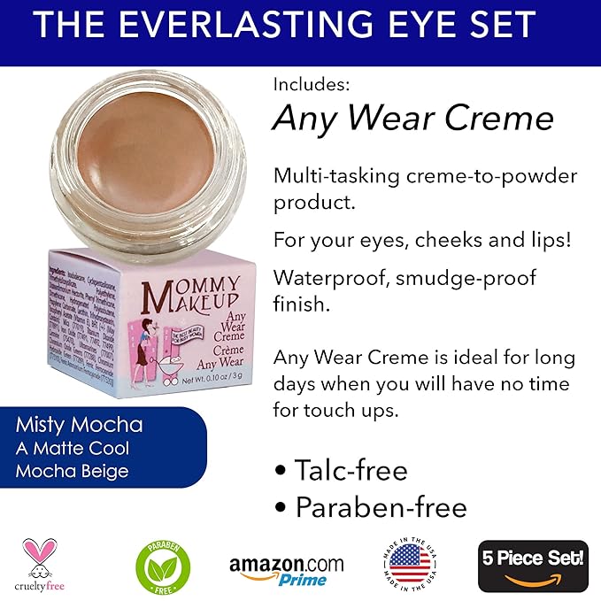 The Everlasting Eye 5 Piece Waterproof Makeup Set. Gel Eyeliner, Creme Eyeshadow, 2 brushes and Mesh Bag. Paraben-free, Talc-free, Cruelty-free. Misty Mocha/Black Beauty 1801-Velvo Beauty