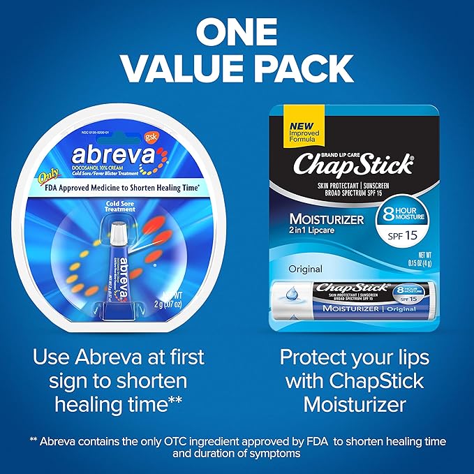 Abreva 10 Percent Docosanol Cold Sore Treatment, Fever Blister and Cold Sore Cream - 0.07 oz plus ChapStick Moisturizer Original Lip Balm - 0.15 oz Value Pack-Velvo Beauty