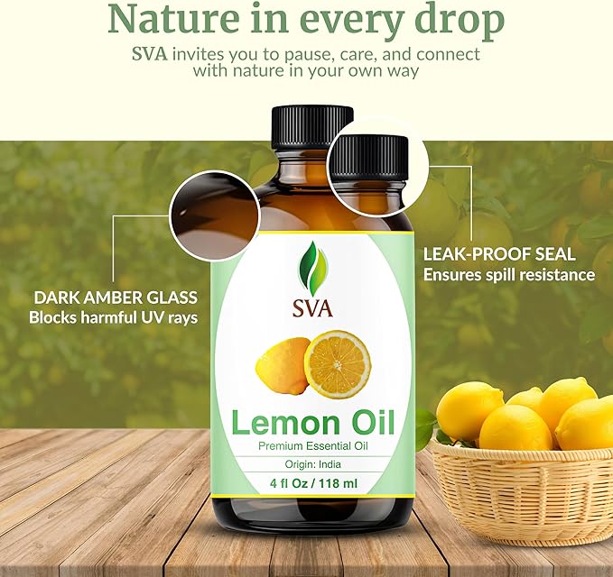 SVA Lemon Essential Oil – 4 Fl Oz – 100% Natural Lemon Oil - for Diffuser, Hair Care, Face, Skin Care, Aromatherapy, Scalp and Body Massage, Soap and Candle Making – with Dropper-Velvo Beauty