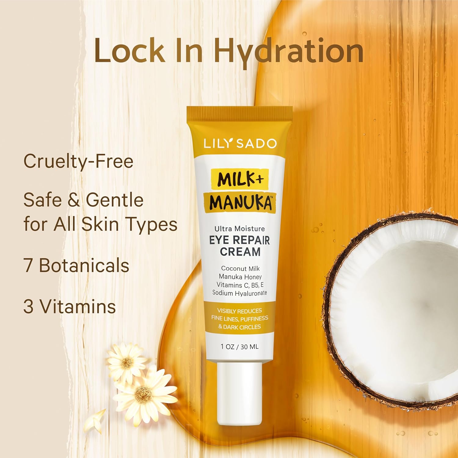 LILY SADO MILK+MANUKA™ Eye Repair Cream - Anti-Aging Natural Gentle Formula w/Coconut Milk, Manuka Honey, Sodium Hyaluronate & VITS C, B5 & E - Prevents Puffiness, Under-eye Wrinkles & Eye Bags - 1oz-Velvo Beauty