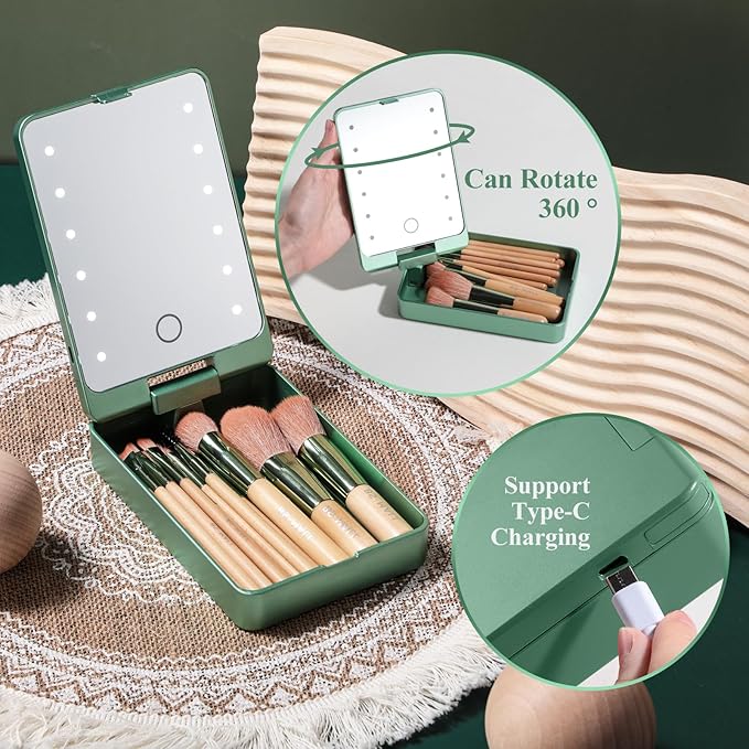 BS-MALL Travel Makeup Brush Set Foundation Powder Concealers Eye Shadows Makeup Set with LED light Mirror 14 Pcs (Green)-Velvo Beauty