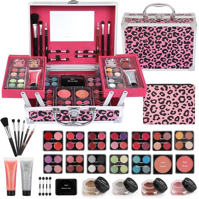 Anpro All-In-One Leopord Double Folding Makeup Carry Case with Pro Teen Makeup Set, Full Starter Kit with Makeup Brushes, Lipsticks, Eyeshadow Palette, Blushes, Glitter Gel, Ideal Present for Girls-Velvo Beauty