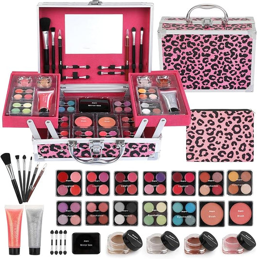 Anpro All-In-One Leopord Double Folding Makeup Carry Case with Pro Teen Makeup Set, Full Starter Kit with Makeup Brushes, Lipsticks, Eyeshadow Palette, Blushes, Glitter Gel, Ideal Present for Girls-Velvo Beauty